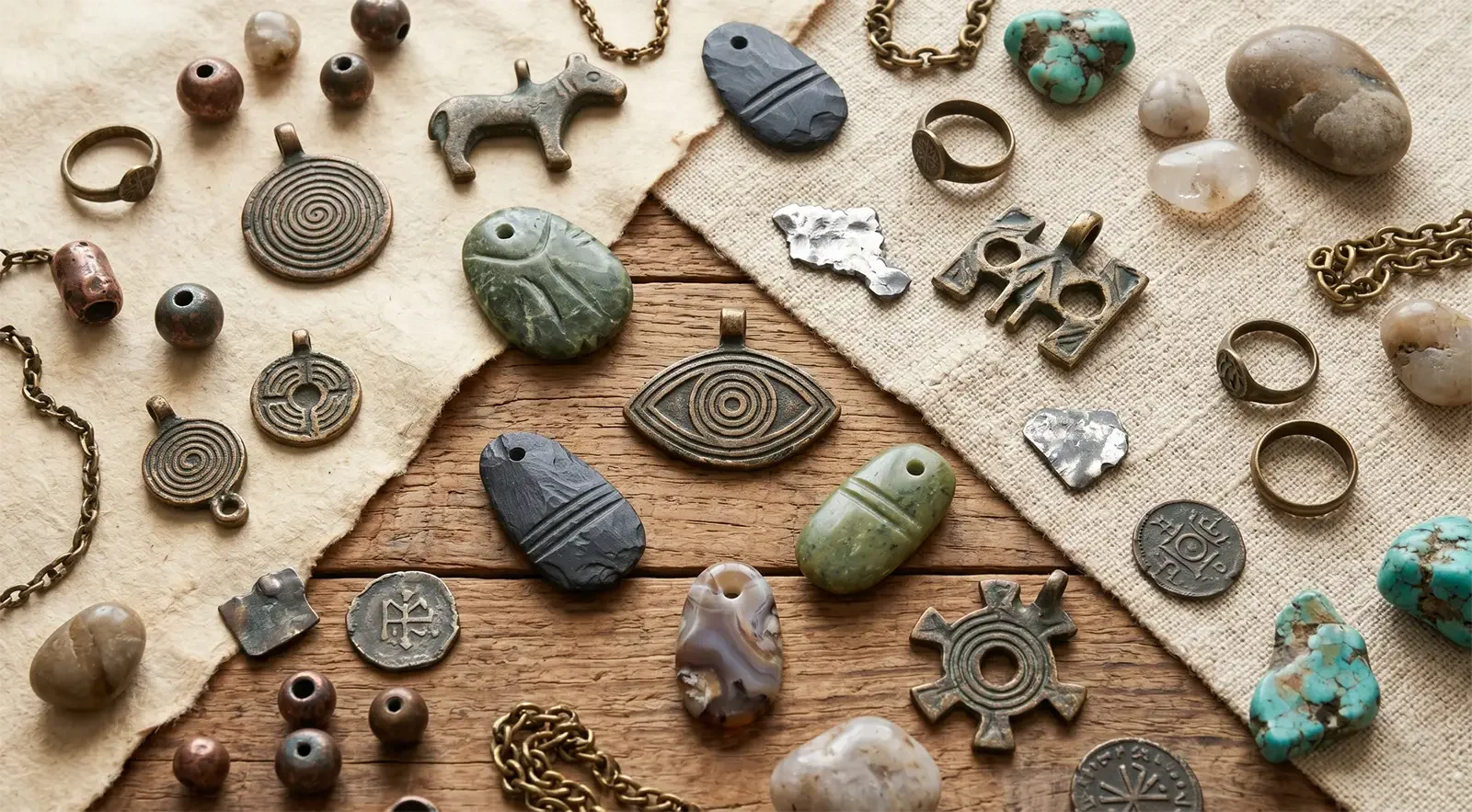 Ancient-inspired amulets, carved stone pendants, protective charm shapes, bronze-toned jewelry, and polished stones arranged for symbolic jewelry history