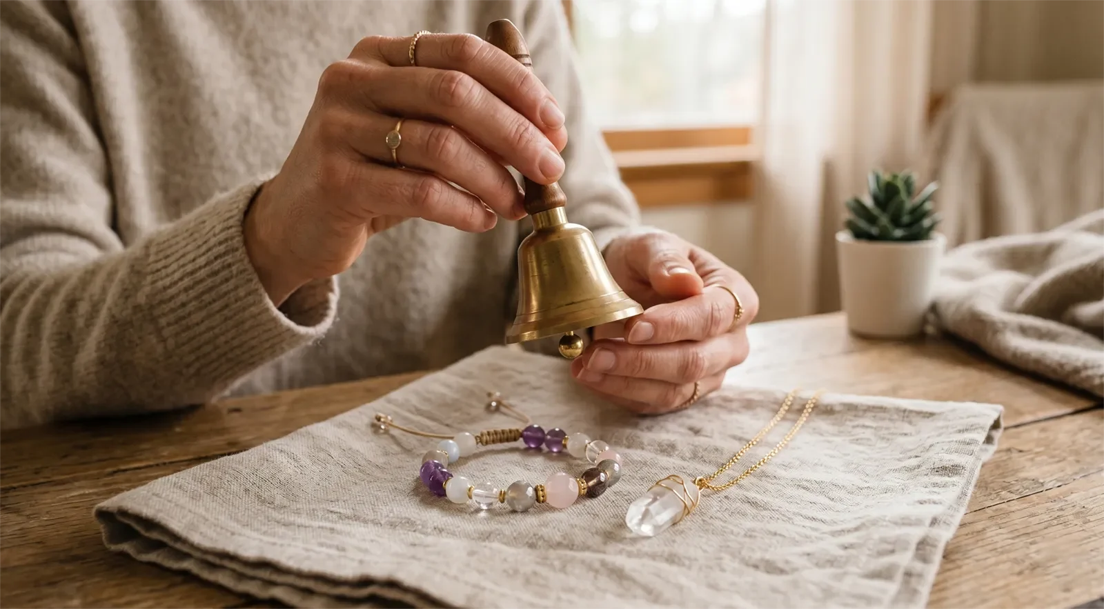 A person holding a small bell near crystal jewelry placed safely on a soft cloth for sound cleansing