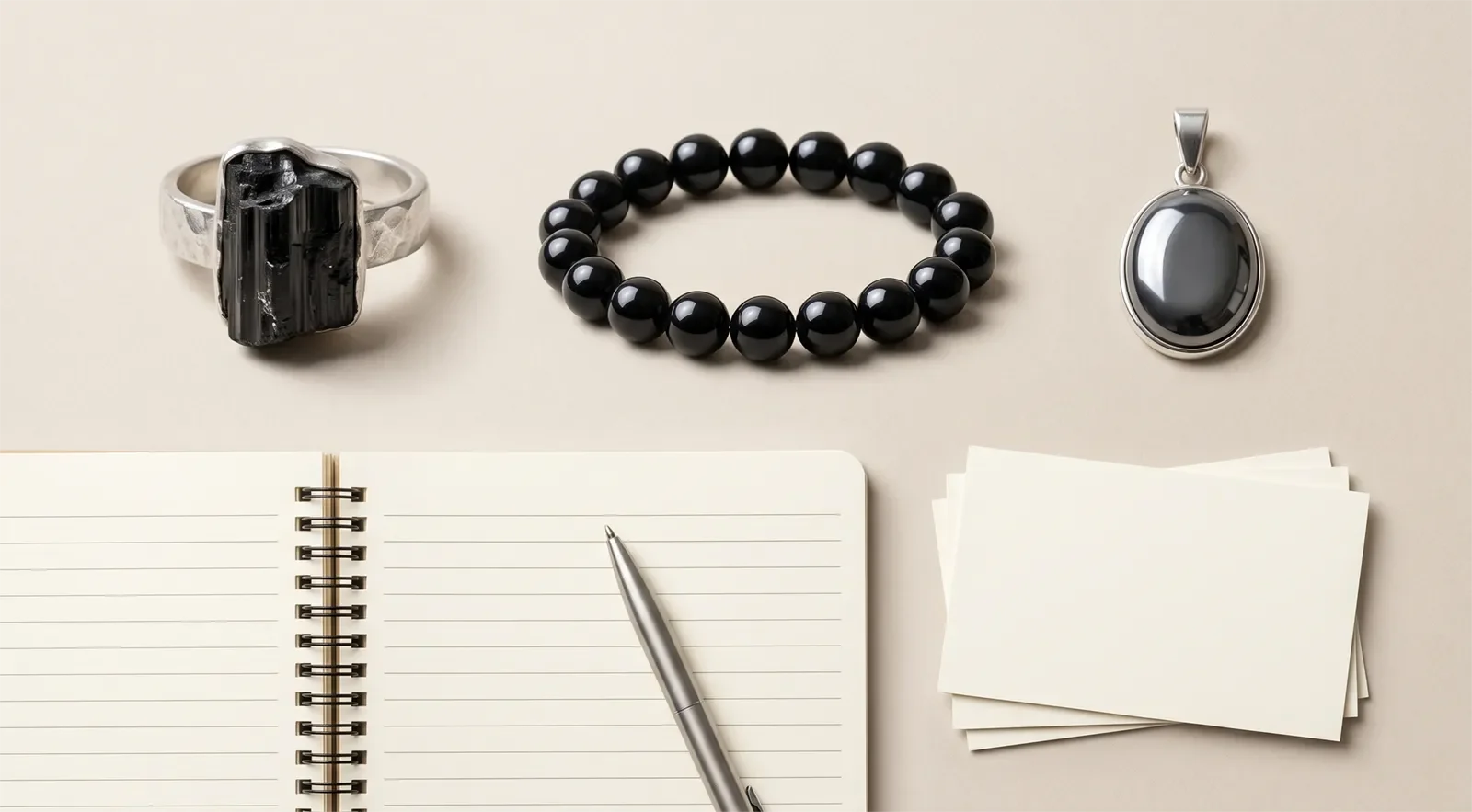 Tourmaline đen, đá núi lửa đen và đá huyết thiết đặt cạnh sổ tay để so sánh
