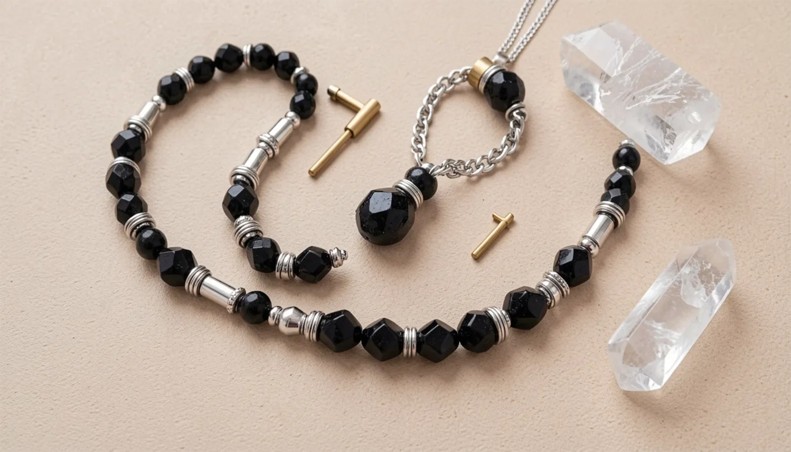 Trang sức tourmaline đen phối cùng kim loại bạc và đá trung tính trên nền sáng