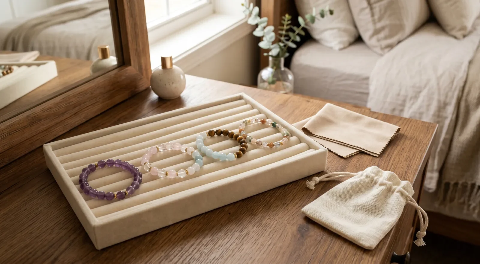 Crystal bead bracelets stored flat and separated on a soft jewelry tray with a microfiber cloth and pouch nearby