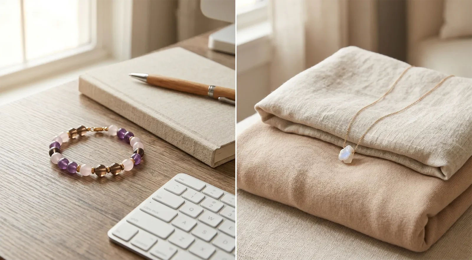 A healing bracelet near a notebook and keyboard beside a healing necklace on folded neutral fabric for daily comfort comparison