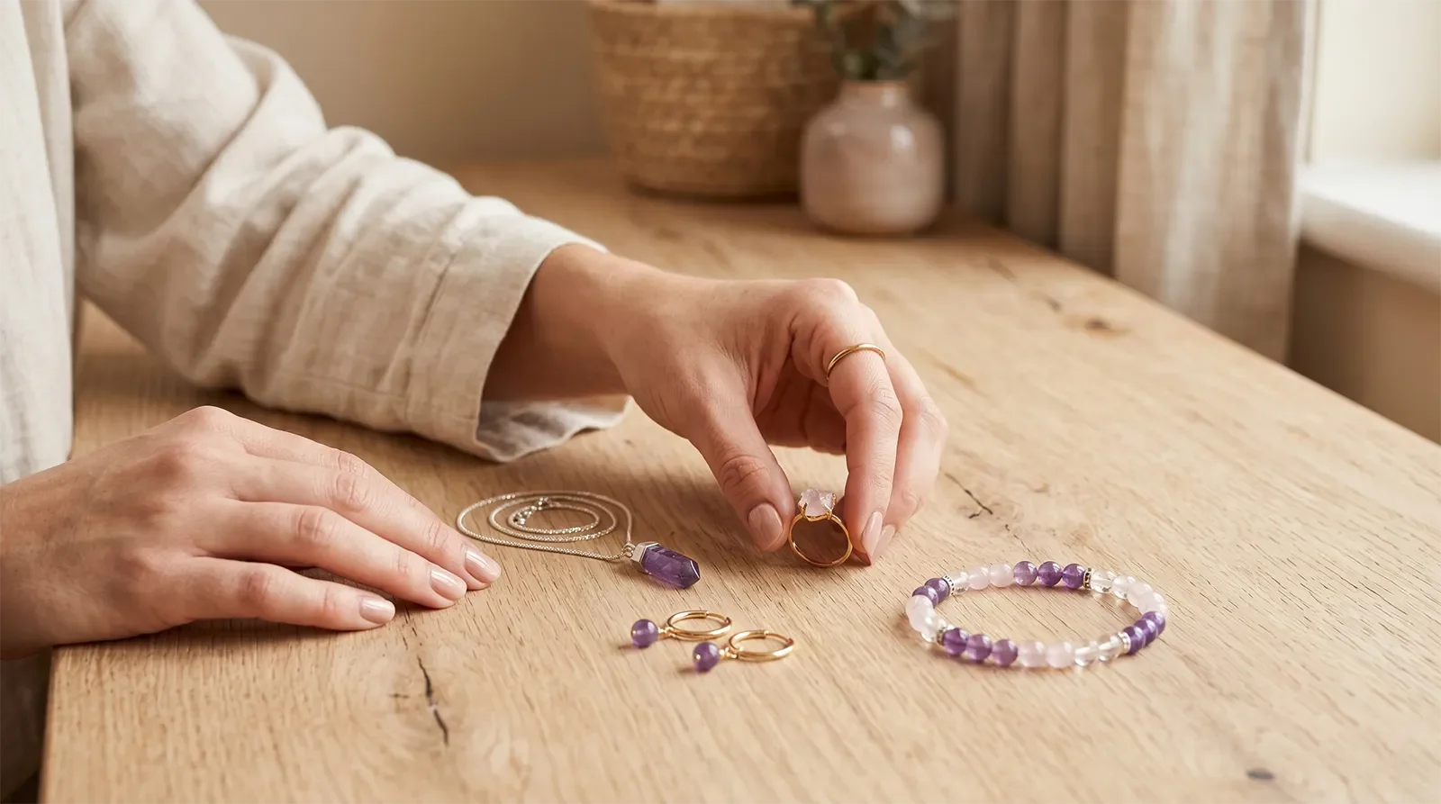 Hands arranging a crystal bracelet, pendant necklace, gemstone ring, and earrings on a light wooden table