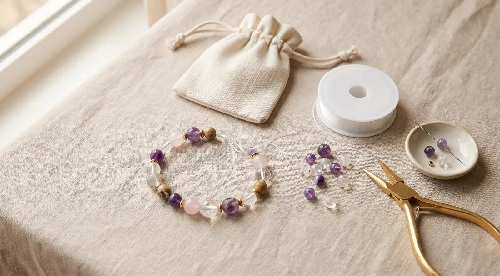 A broken beaded crystal bracelet beside new elastic cord, intact beads, a pouch, and a jewelry repair tray