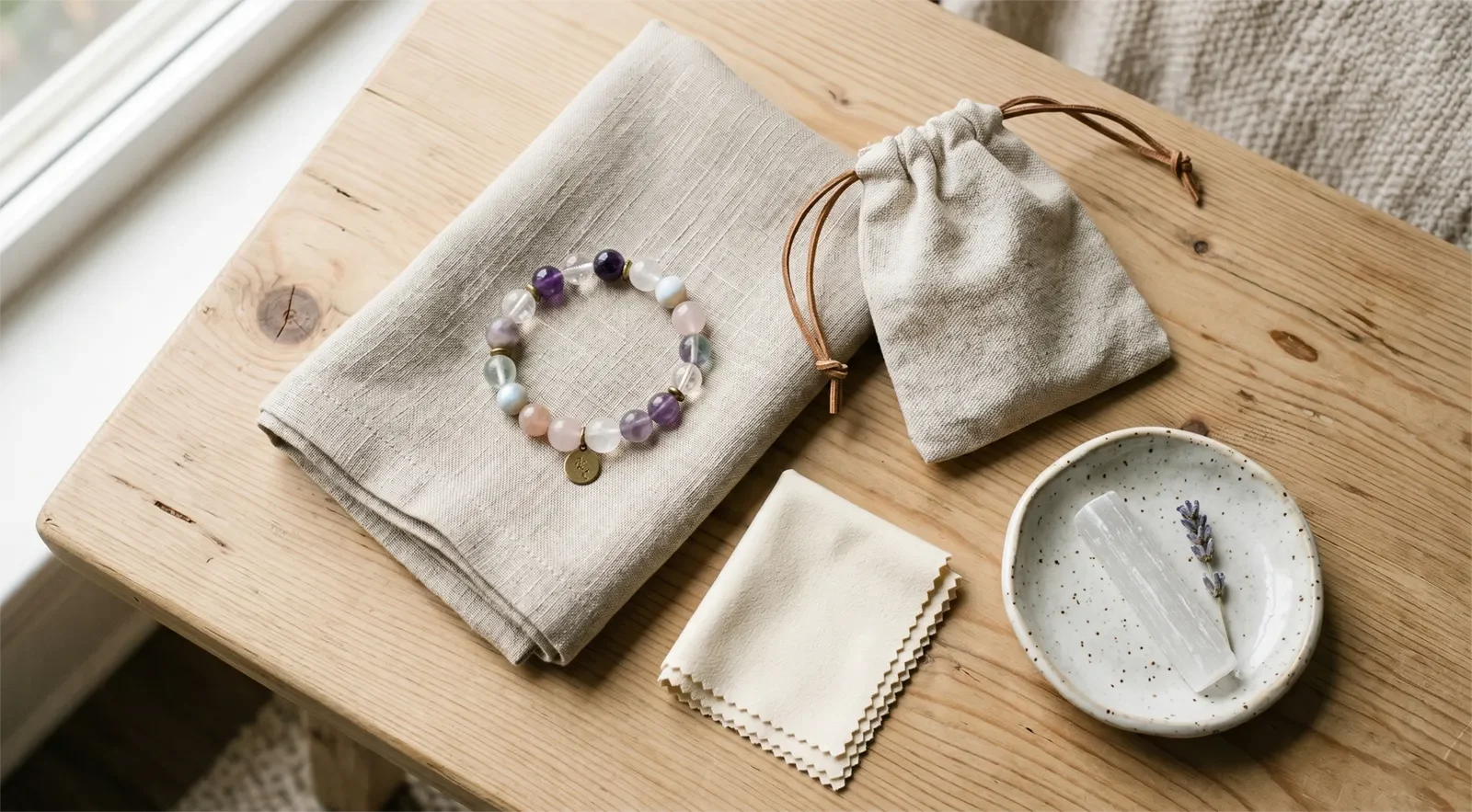Vòng tay đá đặt trên vải linen cạnh túi du lịch nhỏ, khăn mềm và khay gốm để làm mới sau chuyến đi