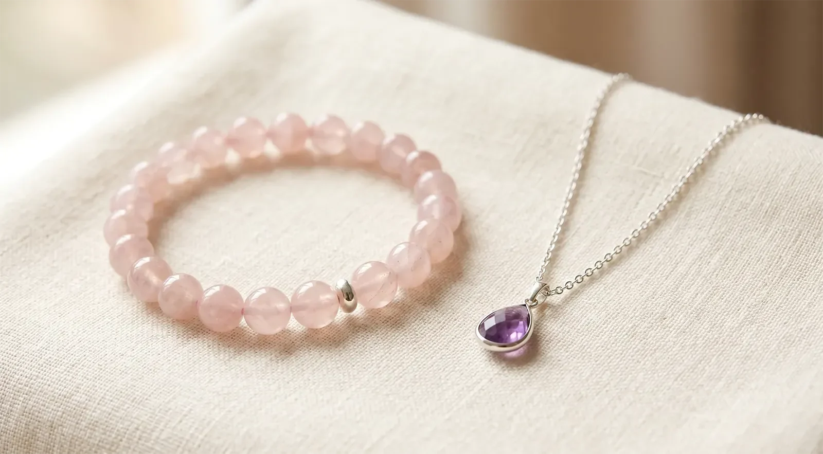 A crystal bead bracelet and gemstone pendant necklace arranged side by side on warm beige linen for a healing jewelry comparison
