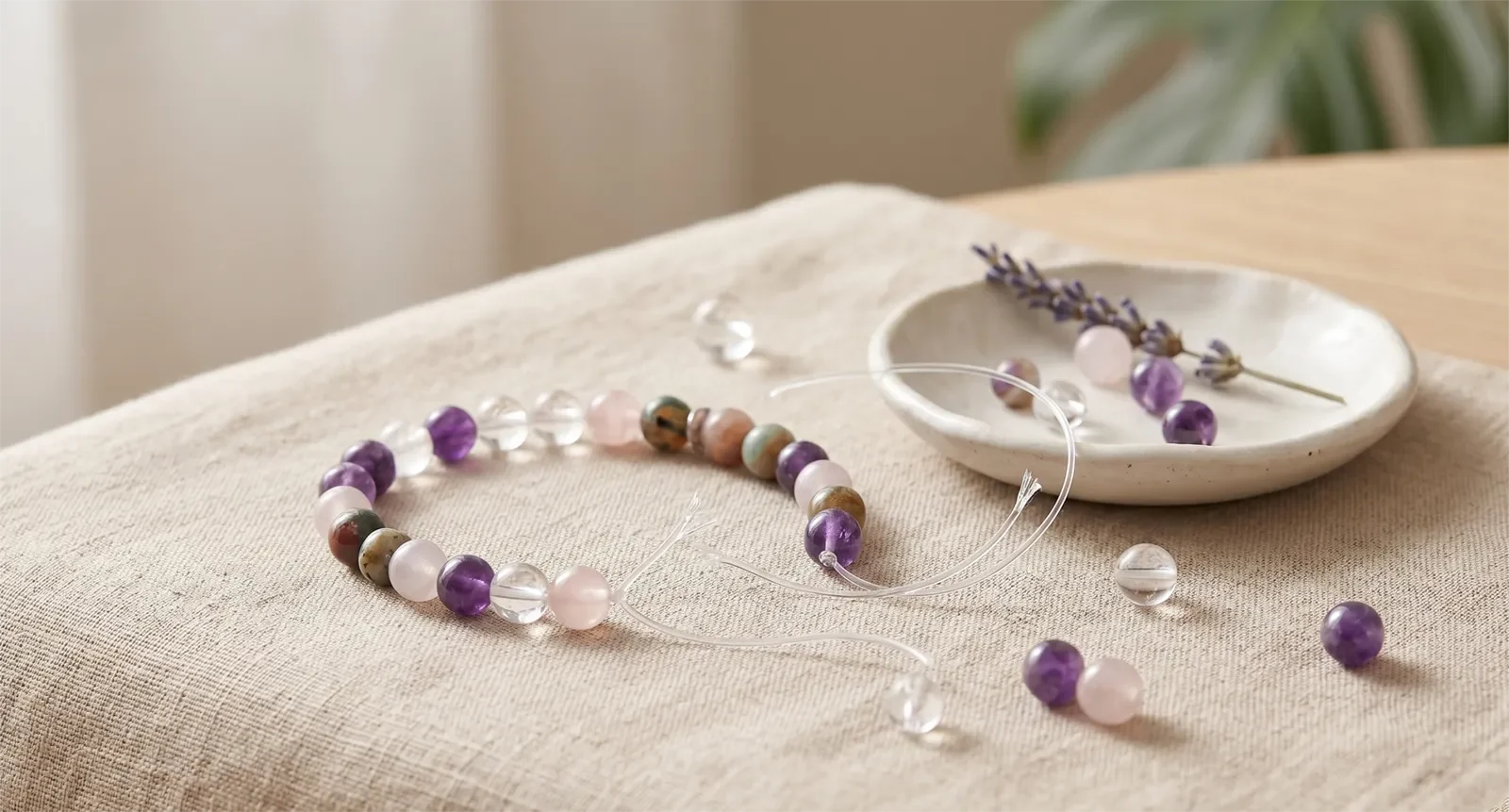 A broken crystal bead bracelet with scattered beads and loose elastic cord arranged on beige linen