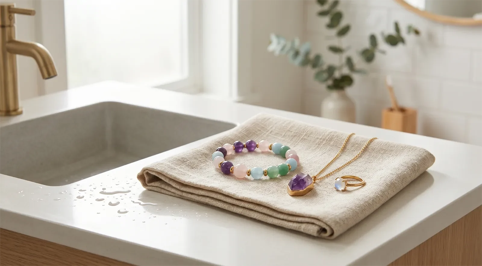 Vòng tay đá, dây chuyền mặt đá và nhẫn đặt trên khăn linen khô bên cạnh bồn rửa phòng tắm