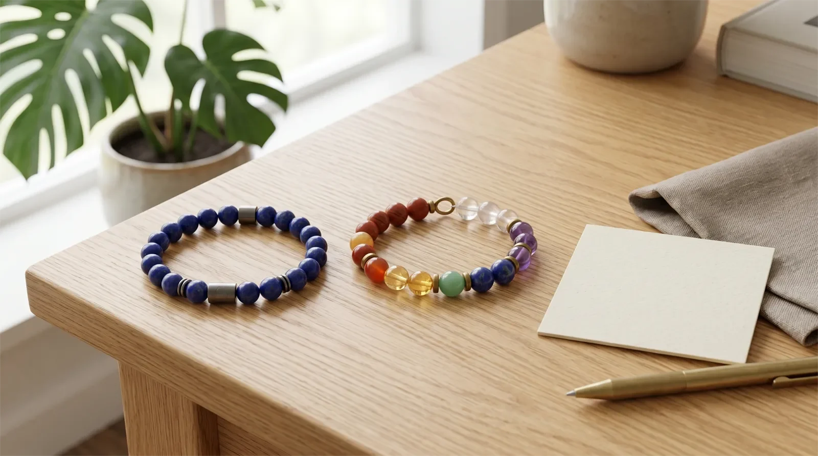 Single-color chakra bracelet and colorful seven-chakra bracelet arranged side by side for a chakra jewelry choosing guide
