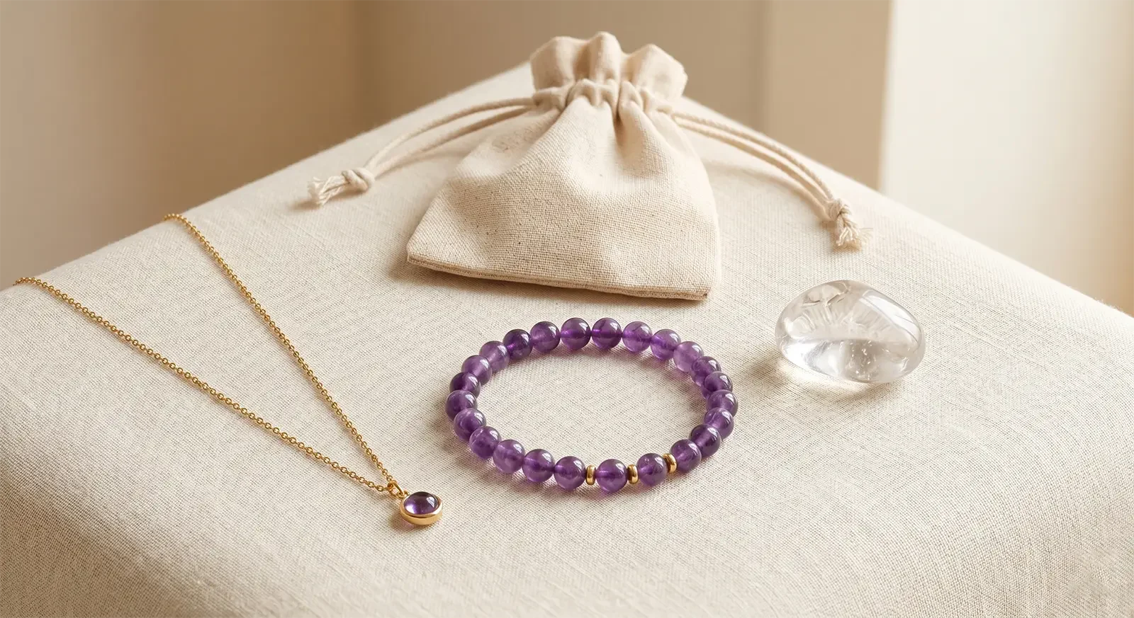 Beginner-friendly healing jewelry arrangement with a gemstone bracelet, small pendant necklace, clear quartz or amethyst stone, and jewelry pouch