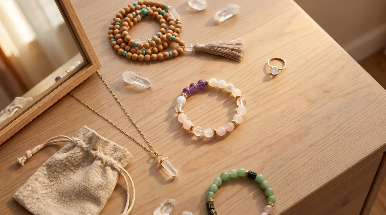 Nhiều món trang sức phong thủy được đặt riêng trên bàn trang điểm, một vòng tay đá nằm ở giữa như món được chọn để đặt ý định