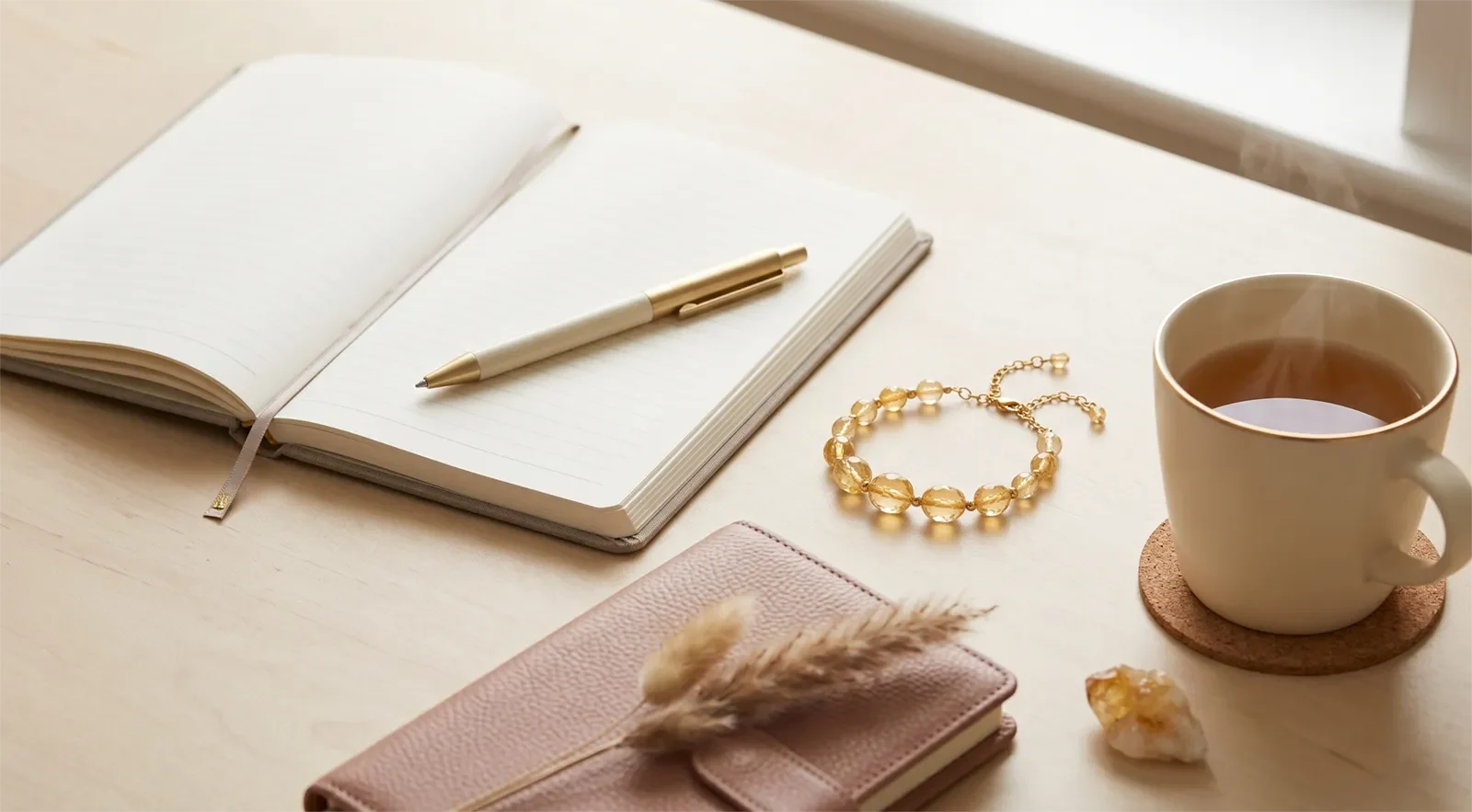 Citrine bracelet beside a notebook and planner for a simple goal-setting routine