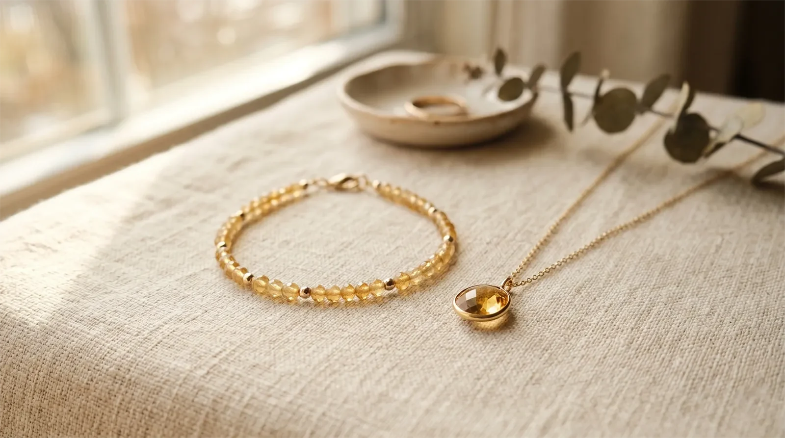Citrine bracelet and pendant arranged on a warm cream surface