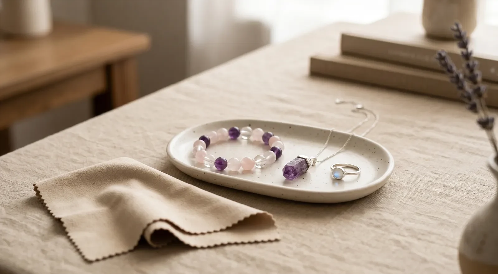 Crystal bracelet, gemstone pendant necklace, ring, soft dry cloth, and ceramic tray arranged on beige linen for safe healing jewelry care