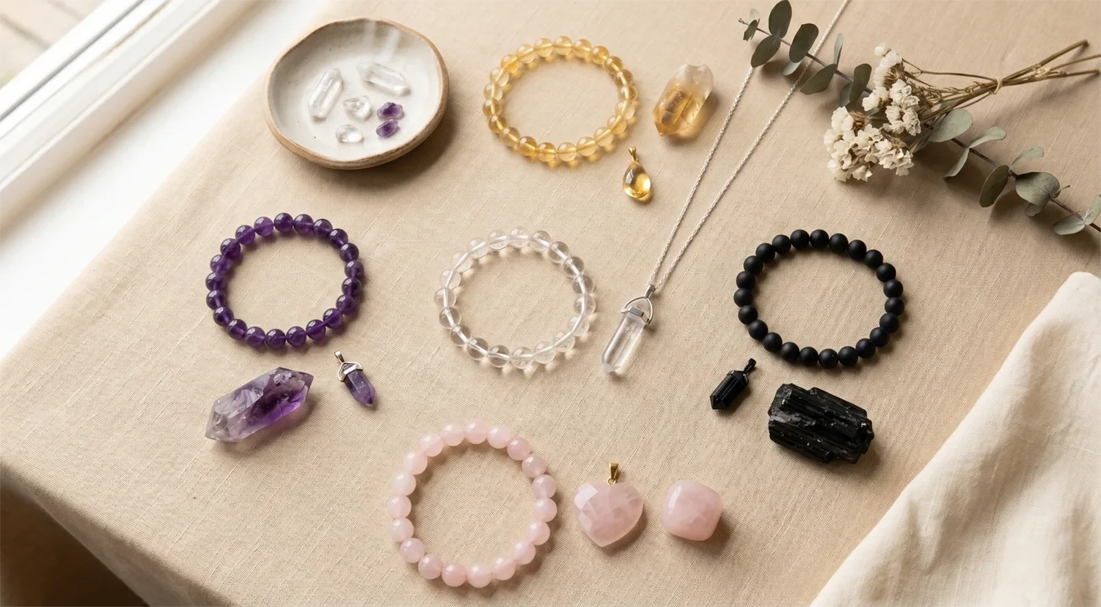 Thạch anh trắng phối cùng thạch anh tím, thạch anh hồng, tourmaline đen và thạch anh vàng
