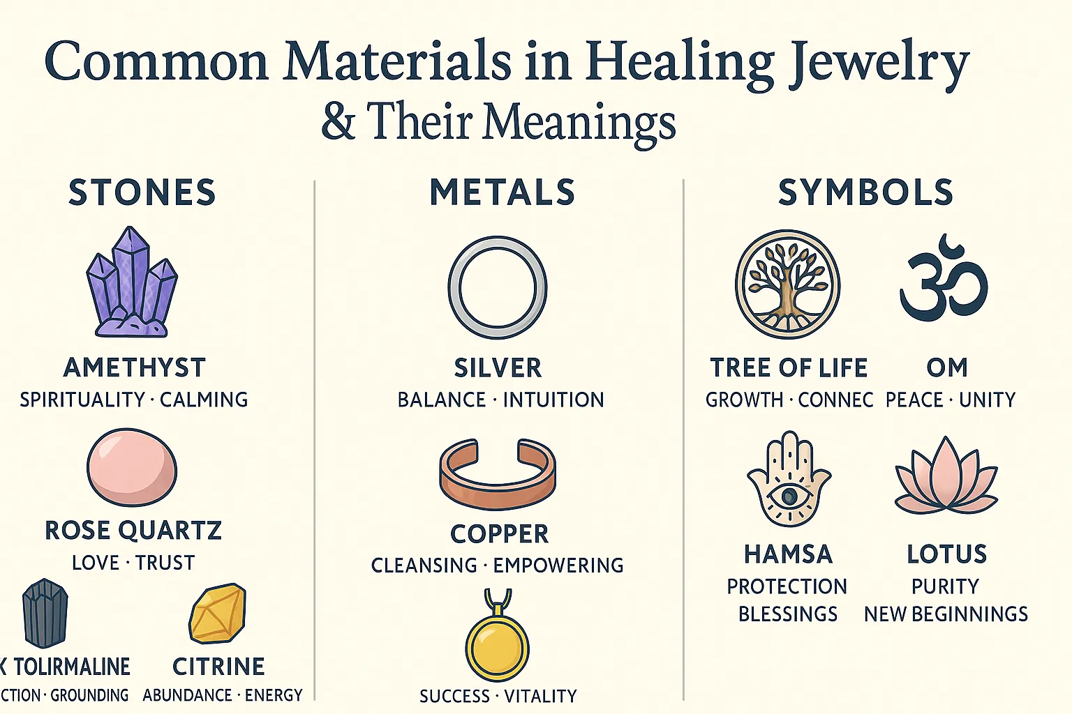 A digital infographic titled “Common Materials in Healing Jewelry & Their Meanings” featuring three columns: Stones, Metals, and Symbols. The stones include amethyst (spirituality, calming), rose quartz (love, trust), black tourmaline (protection, grounding), and citrine (abundance, energy). The metals include silver (balance, intuition), copper (cleansing, empowering), and gold (success, vitality). The symbols include Tree of Life (growth, connection), Om (peace, unity), Hamsa (protection, blessings), and Lotus (purity, new beginnings). Set on a light background with hand-drawn illustrations and bold section titles.