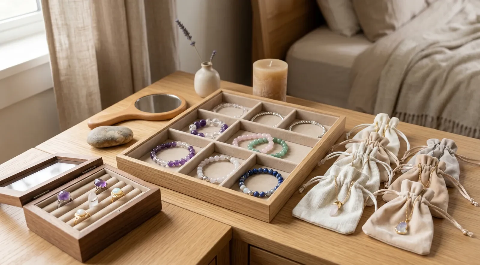 Vòng tay đá được đặt phẳng trong khay chia ngăn, dây chuyền trong túi mềm và nhẫn trong hộp lót vải trên bàn trang điểm