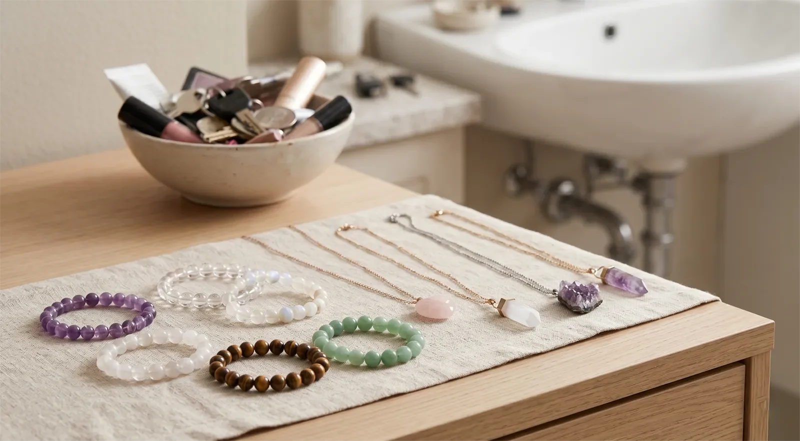 Trang sức đá được cất riêng trên vải mềm cạnh khay trống và khu vực bồn rửa mờ phía sau để minh họa lỗi cất giữ cần tránh
