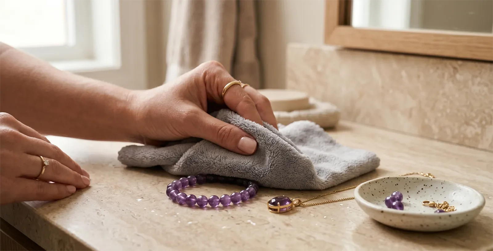 Vòng tay đá và dây chuyền mặt đá được lau khô nhẹ bằng khăn microfiber sau khi vô tình dính nước
