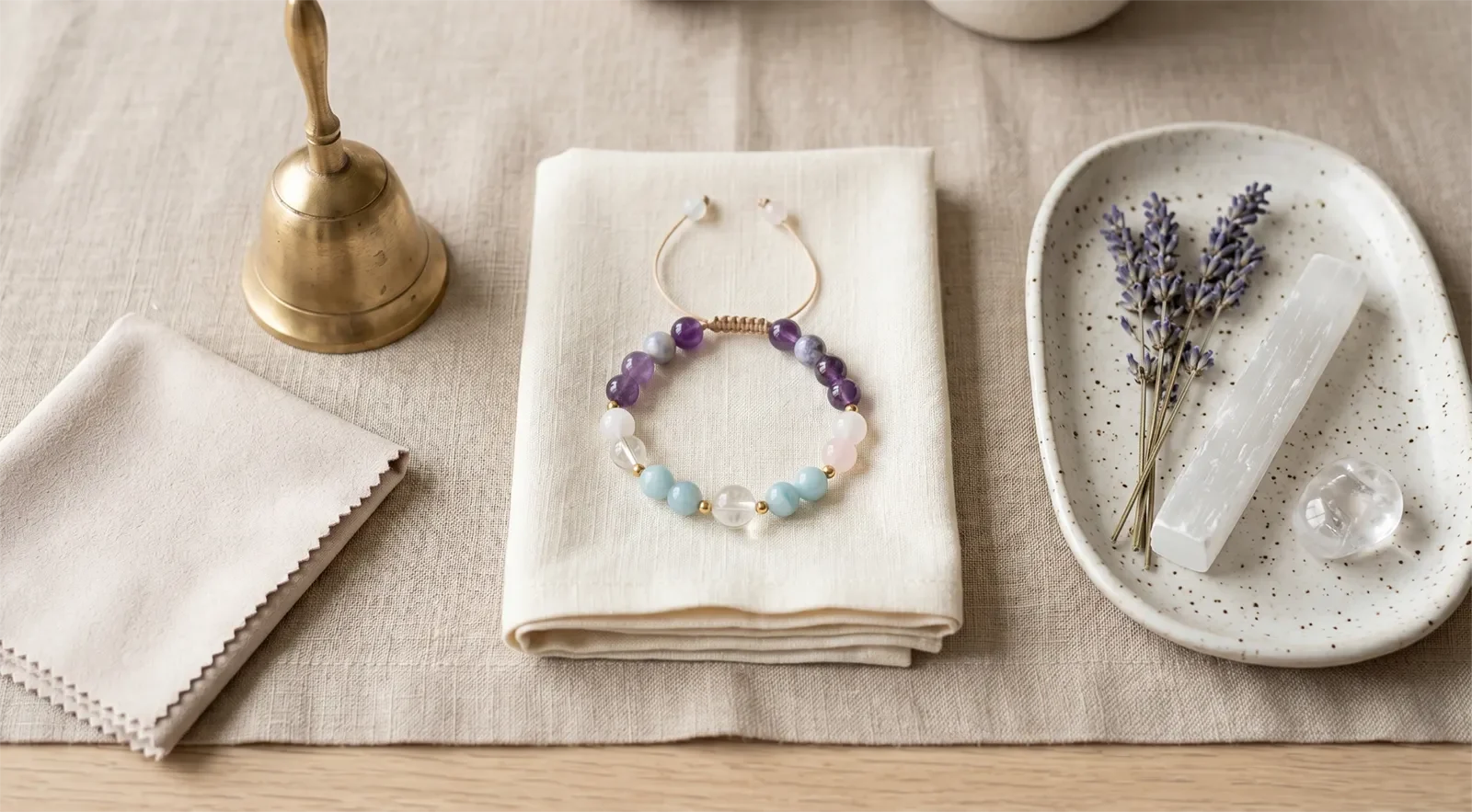 Bố trí thanh tẩy vòng tay nhẹ nhàng với vòng tay đá, chuông nhỏ, khăn mềm, khay gốm và vải linen