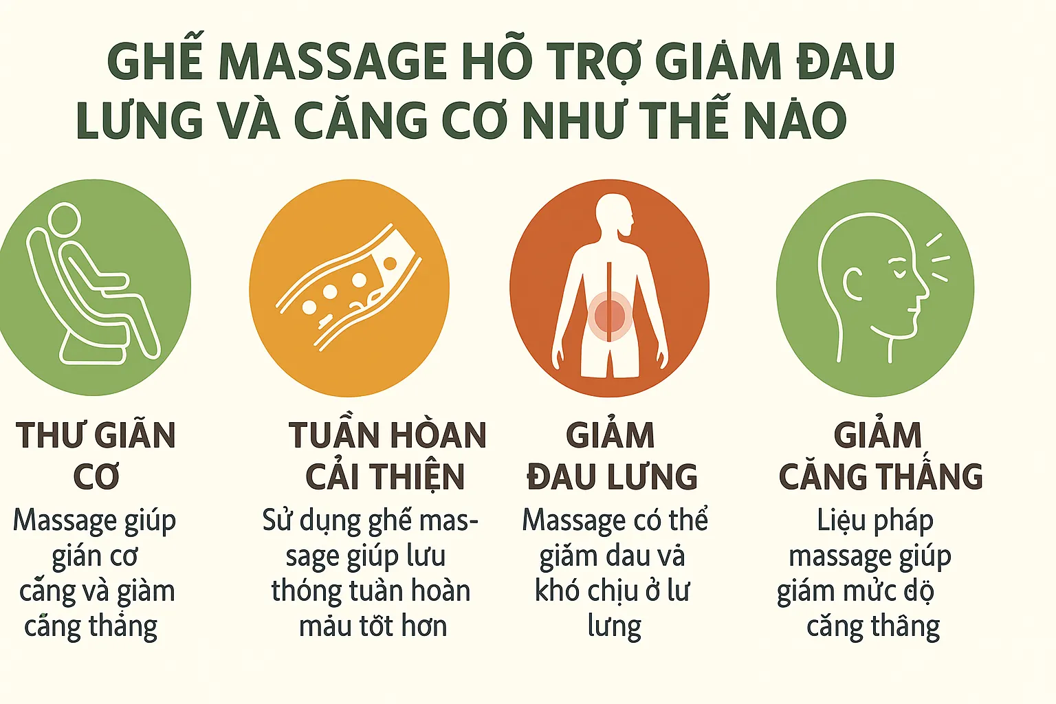 Infographic tiếng Việt với tiêu đề 'Ghế massage hỗ trợ giảm đau lưng và căng cơ như thế nào', gồm bốn lợi ích chính: thư giãn cơ, tuần hoàn cải thiện, giảm đau lưng và giảm căng thẳng. Mỗi lợi ích được minh họa bằng biểu tượng và mô tả ngắn trên nền màu be