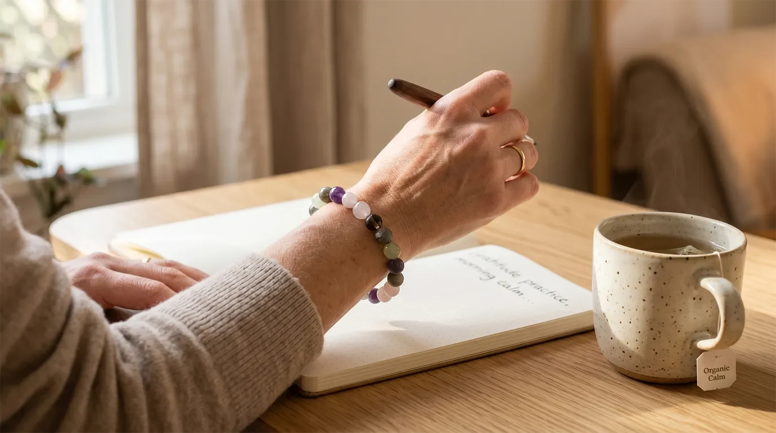 A person wearing a natural crystal bead healing bracelet while writing in a notebook as a visible daily reminder