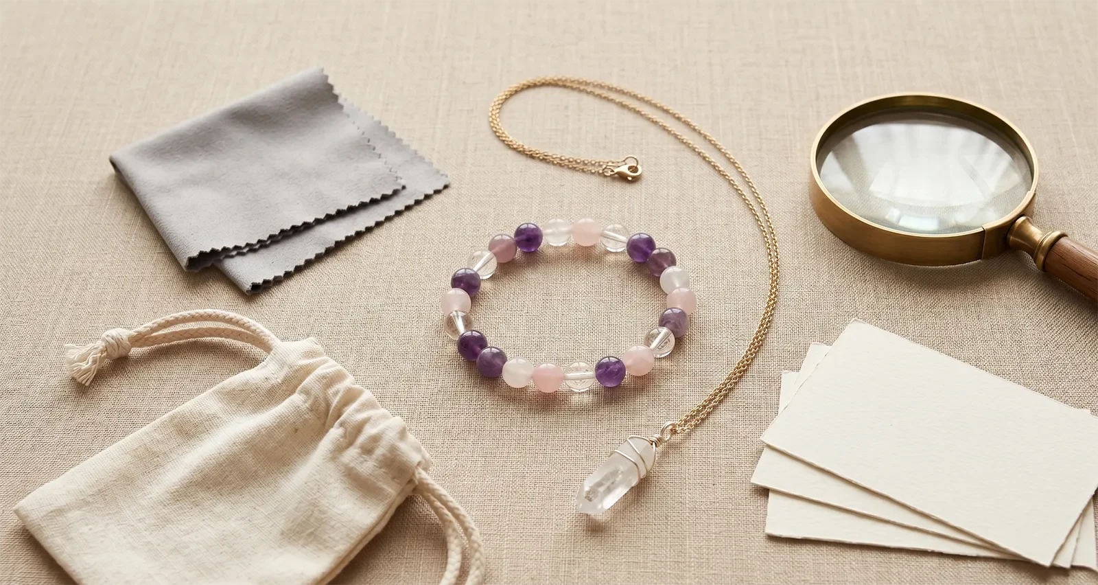 Beginner healing jewelry buying checklist with gemstone bracelet, pendant necklace, polishing cloth, jewelry pouch, magnifying glass, and blank product cards