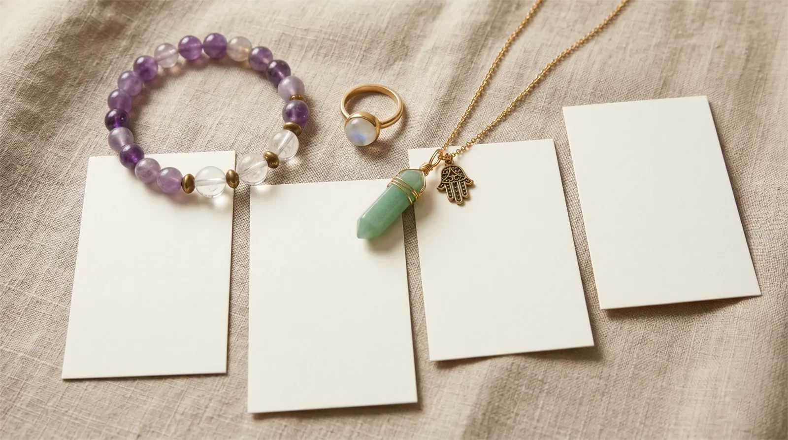 Healing jewelry pieces arranged beside blank cards representing symbolic themes like calm, grounding, focus, and protection without medical claims