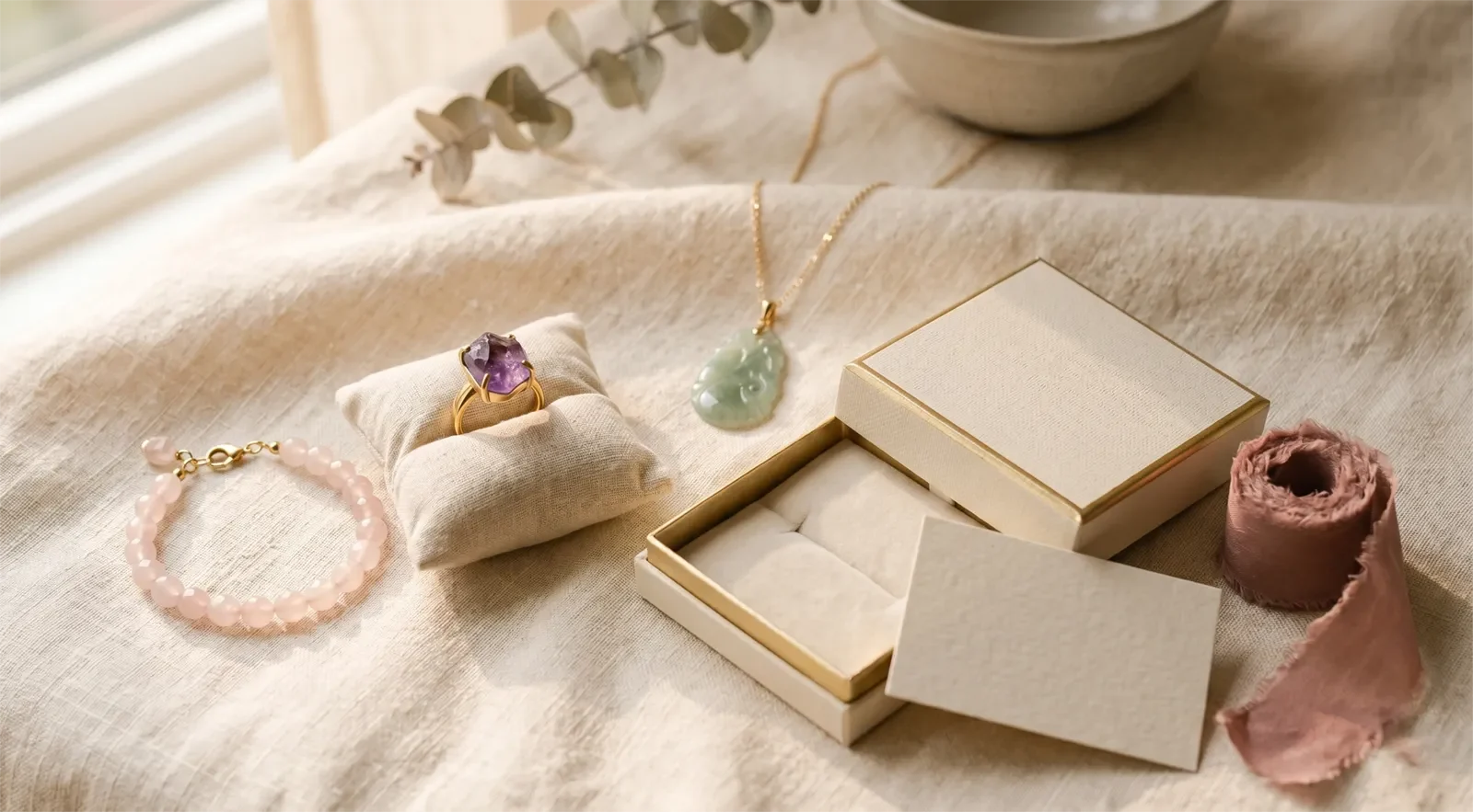 Vòng tay thạch anh hồng, mặt dây ngọc bích, nhẫn thạch anh tím, hộp quà, thẻ trống và ruy băng cho bài chọn trang sức phong thủy làm quà