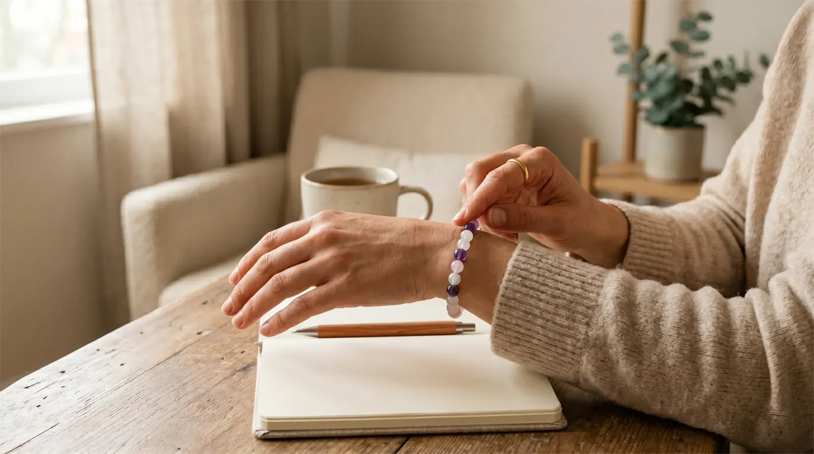 A person gently touching a crystal bracelet on their wrist as a quiet reminder to pause and breathe