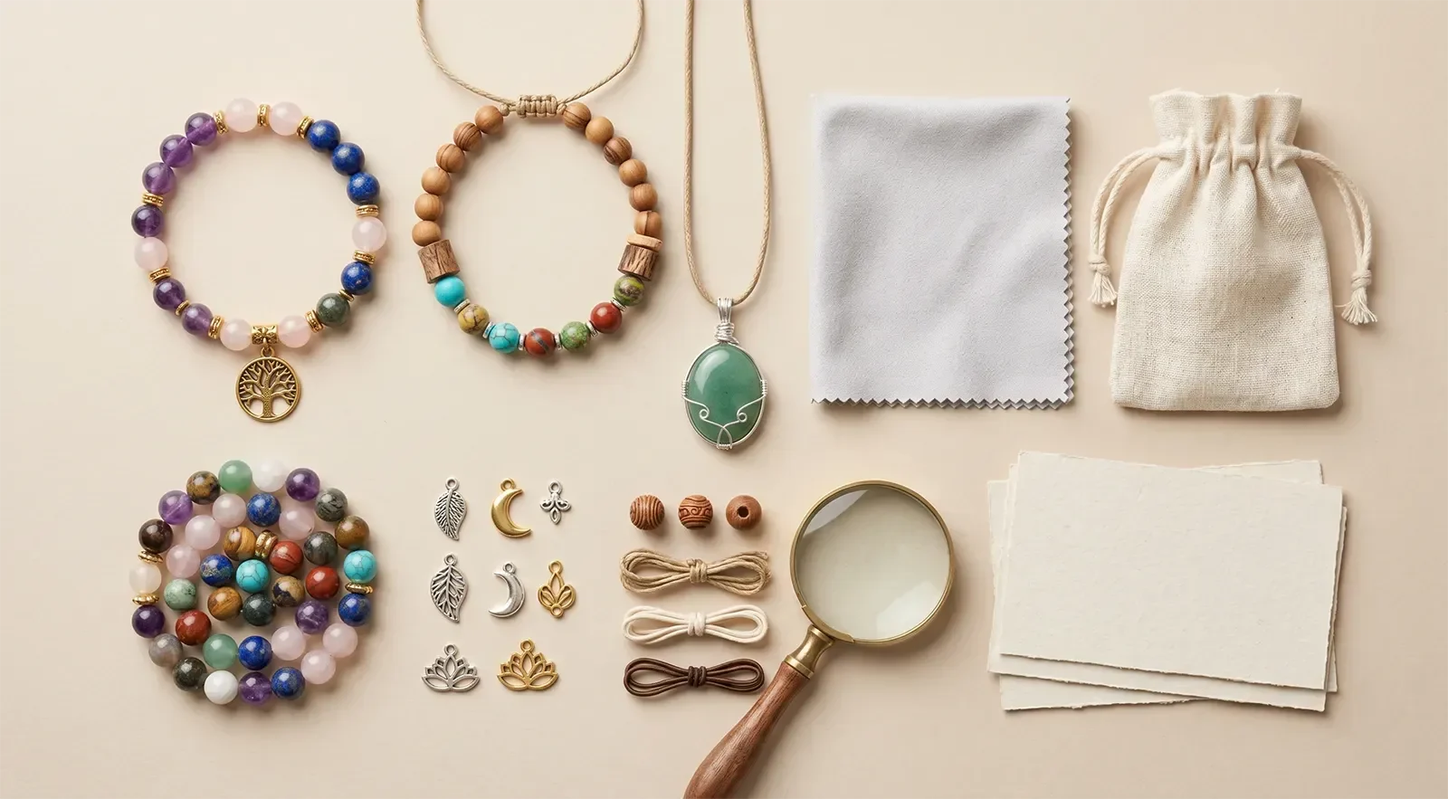 Healing jewelry made from gemstone beads, metal charms, wood beads, cord, and pendant beside a polishing cloth, jewelry pouch, magnifying glass, and blank product cards