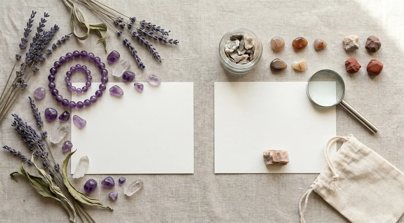 Two blank cards beside gemstone jewelry suggesting myth versus responsible language for healing jewelry claims