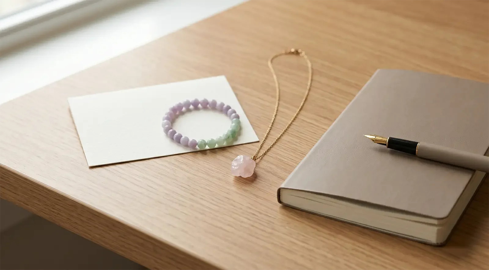 Simple gemstone bracelet, pendant necklace, blank note card, and notebook arranged for a healing jewelry myths and responsible claims guide