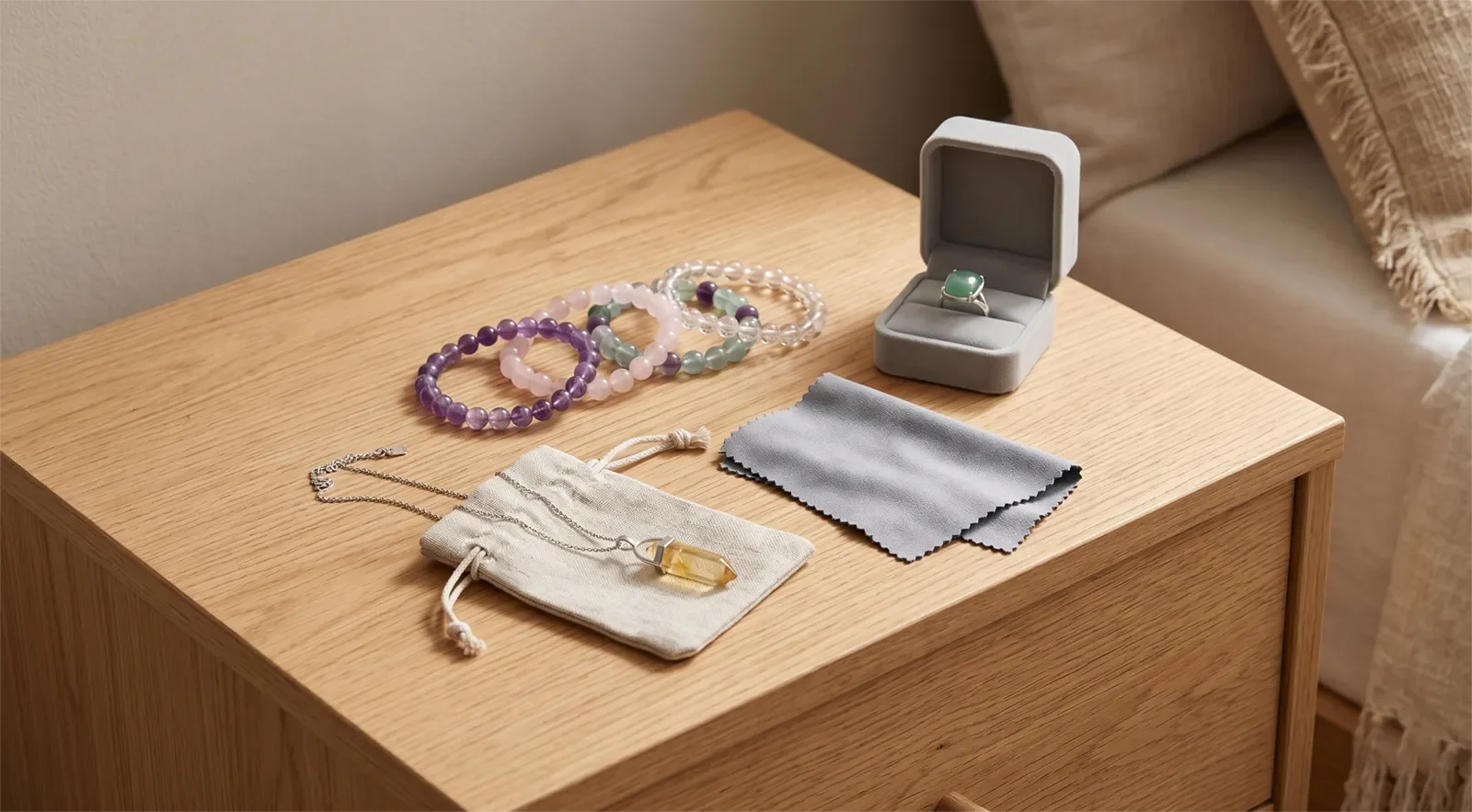 Healing jewelry care and storage setup with crystal bracelets laid flat, pendant necklace in a soft pouch, ring in a lined box, and dry cloth nearby
