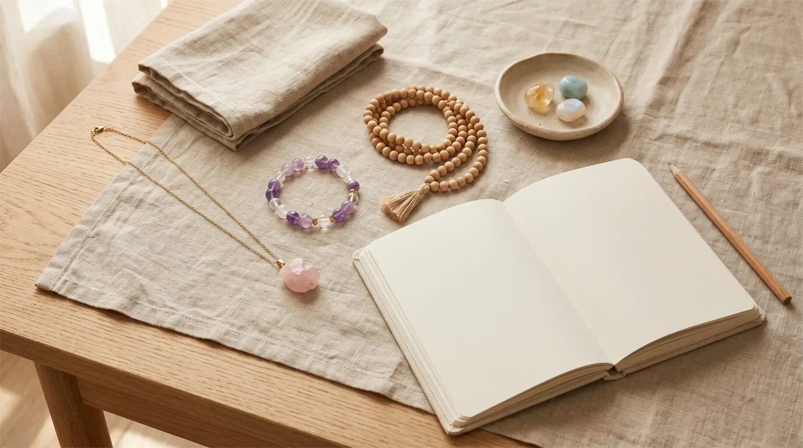 Crystal bracelet, pendant necklace, mala-style beads, blank journal page, ceramic dish, and linen cloth for a symbolic jewelry ritual