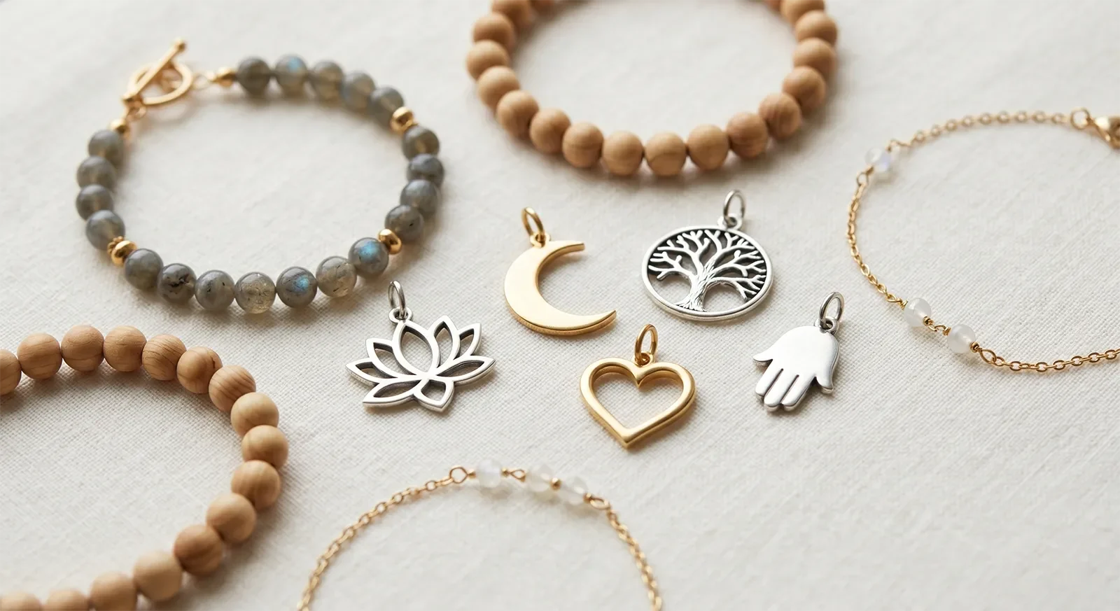 Symbolic healing jewelry charms including lotus, moon, heart, tree motif, protective hand-style charm, and neutral bead bracelets