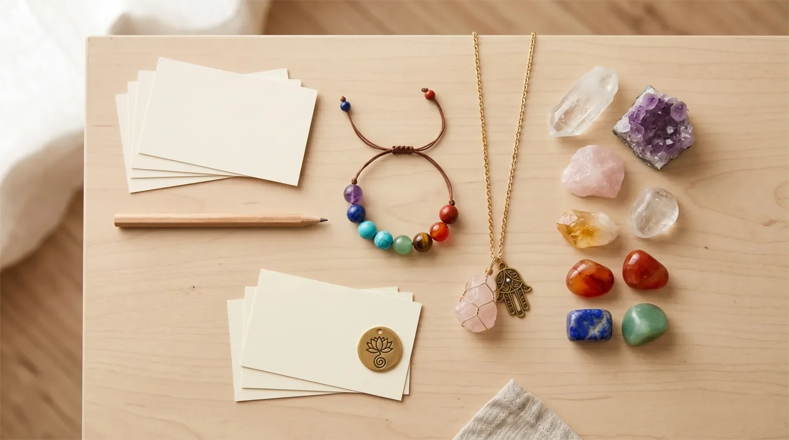 Chakra-style bead bracelet, pendant, talisman charm, natural stones, and blank definition cards for healing jewelry terms