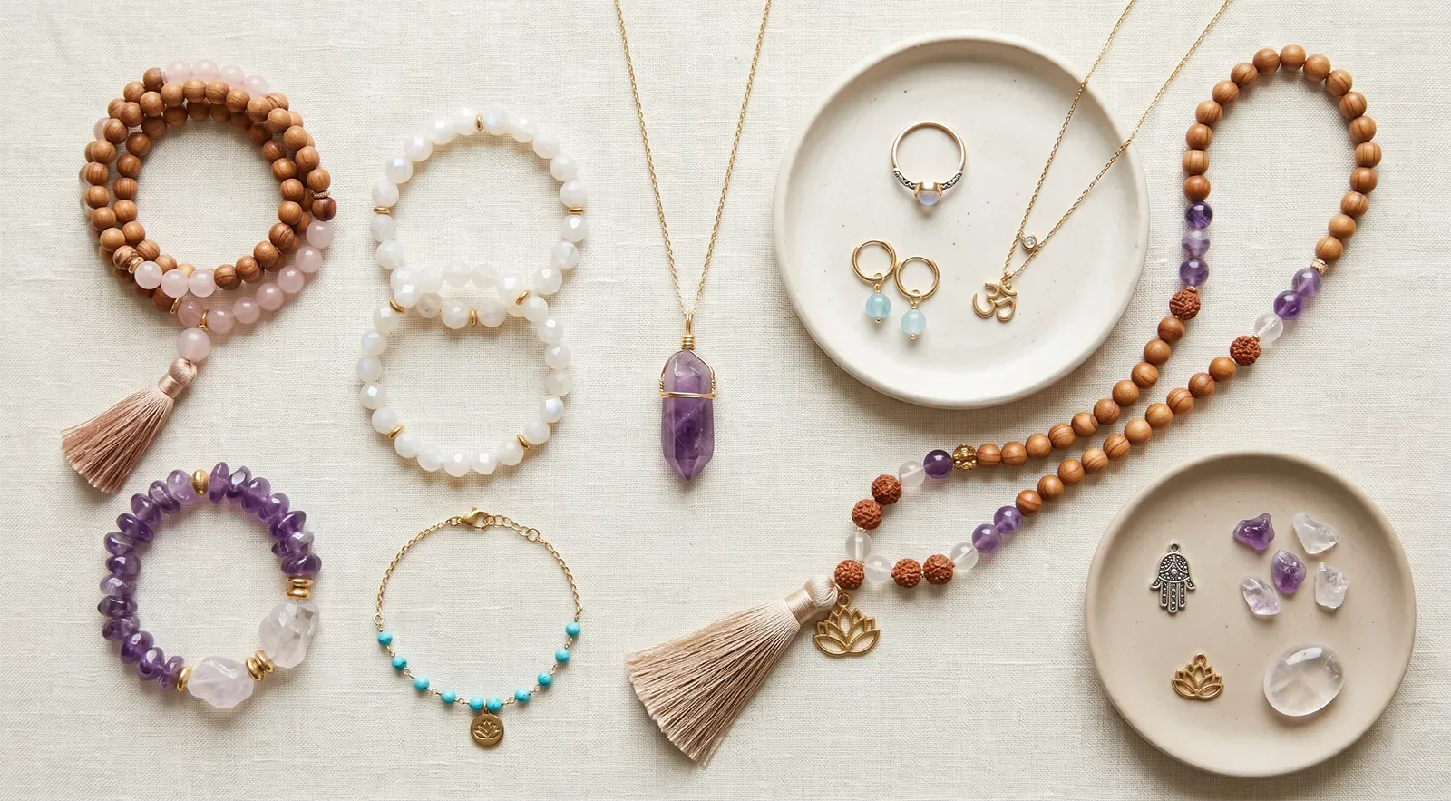 Flat lay of healing jewelry types arranged by format with bracelets, pendant necklace, ring, earrings, mala beads, and charms