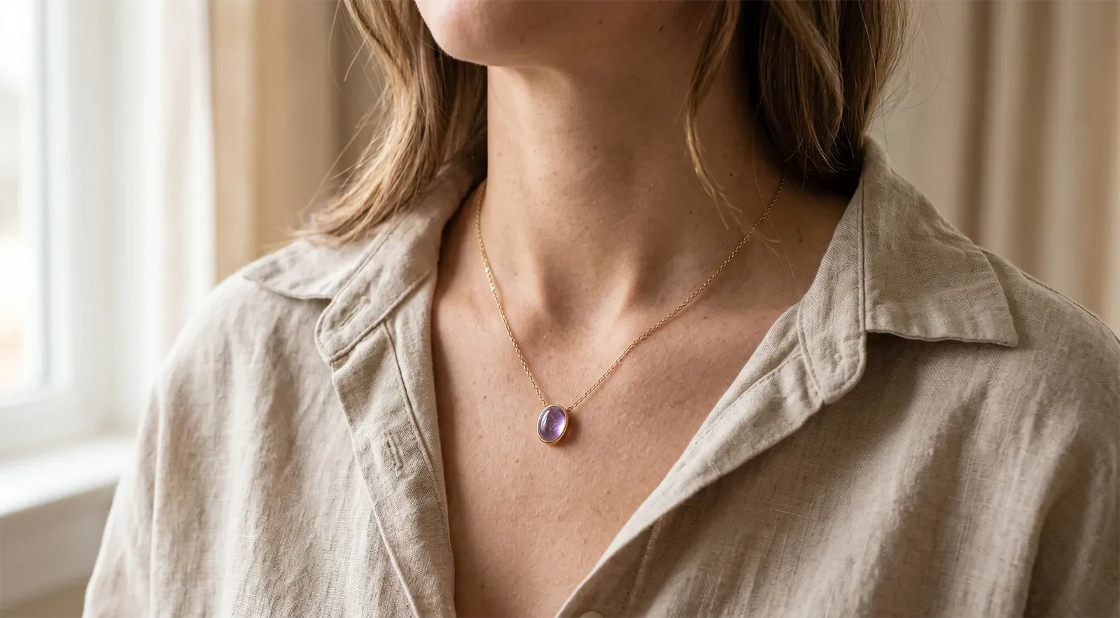 A simple gemstone pendant necklace worn with a neutral linen shirt for discreet everyday healing jewelry