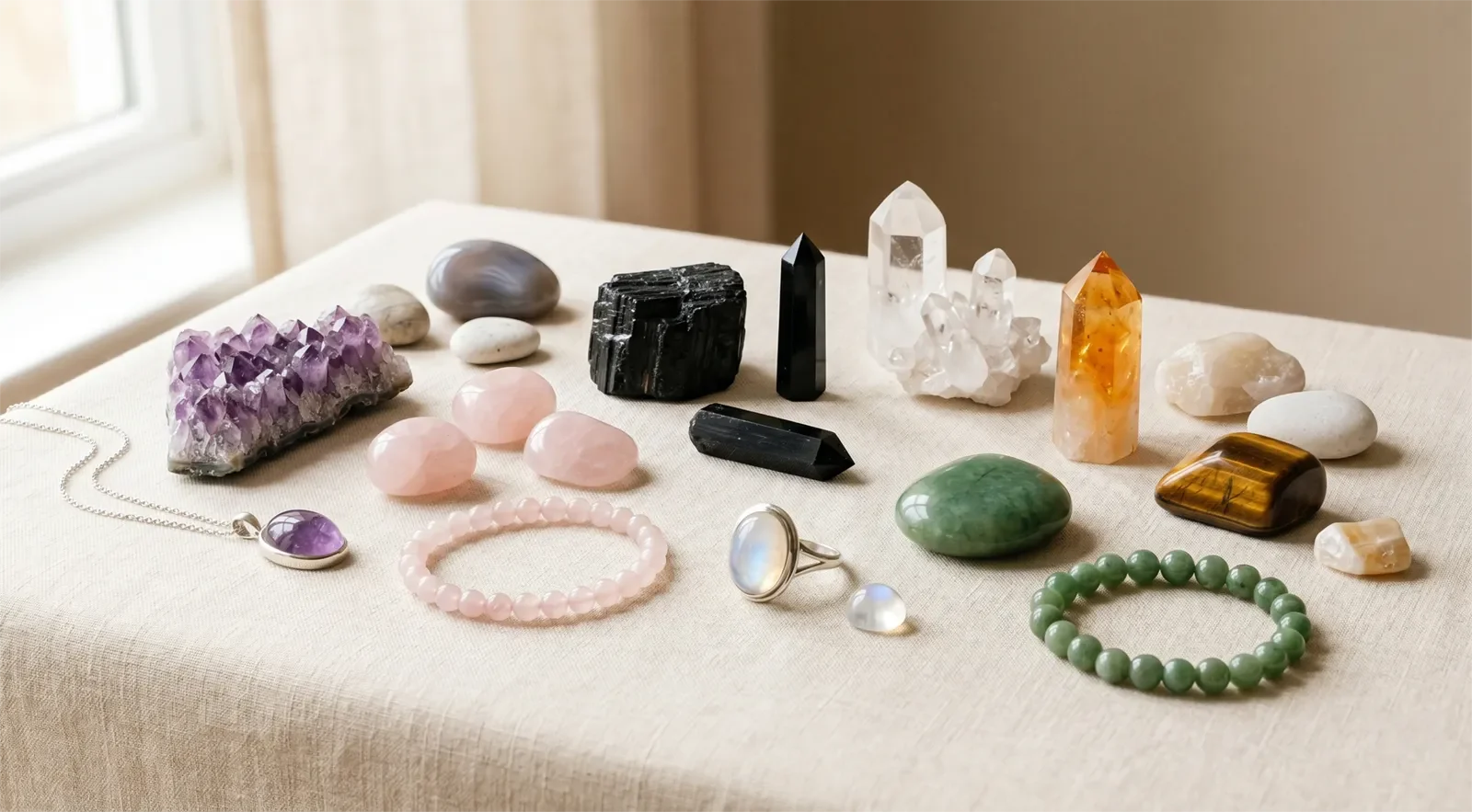 Bộ sưu tập đá phong thủy và trang sức đá gồm thạch anh tím, thạch anh hồng, tourmaline đen, thạch anh trắng, thạch anh vàng, ngọc bích, đá mắt hổ và đá mặt trăng