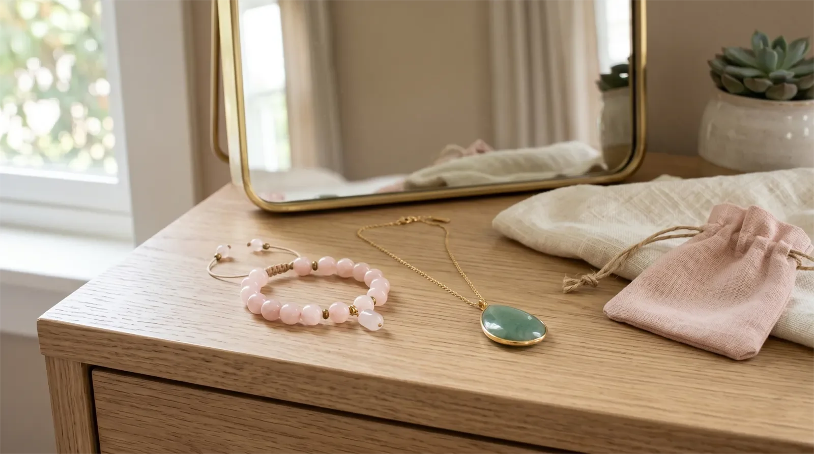 Vòng tay thạch anh hồng và mặt dây aventurine xanh trên bàn trang điểm để gợi ý chọn trang sức luân xa tim