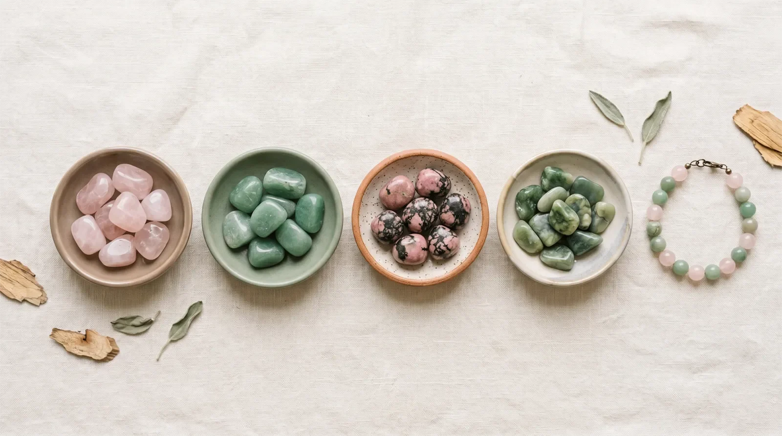 Đá thạch anh hồng, aventurine xanh, rhodonite và ngọc bích trong khay gốm cùng vòng tay hồng xanh cho luân xa tim
