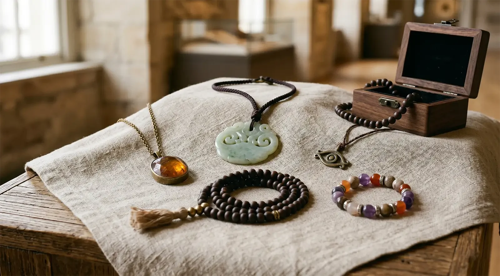 Gemstone pendant, bead bracelet, jade ornament, protective charm, prayer bead strand, and antique-style jewelry box for a history of healing jewelry guide