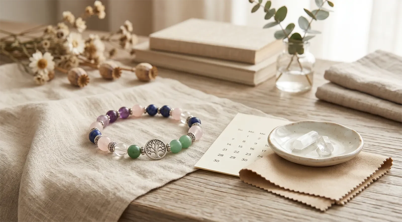 Vòng tay đá phong thủy đặt trên vải linen cạnh lịch nhỏ, khay gốm và khăn mềm cho thói quen thanh tẩy nhẹ nhàng