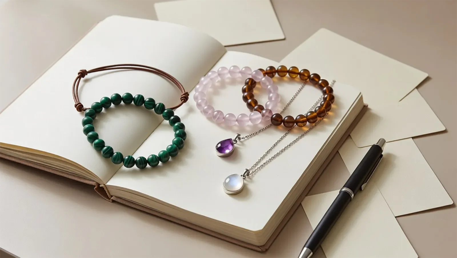 Trang sức đá phong thủy đặt cạnh sổ tay để chọn đá theo ý nghĩa và mục đích cá nhân