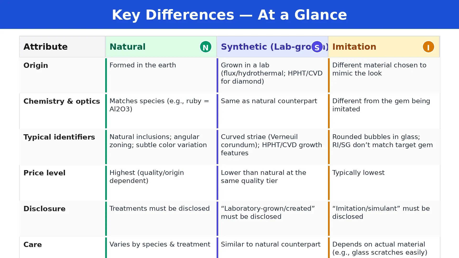 Infographic table comparing Natural vs Synthetic vs Imitation gems by origin, chemistry/optics, identifiers, price, disclosure, and care.