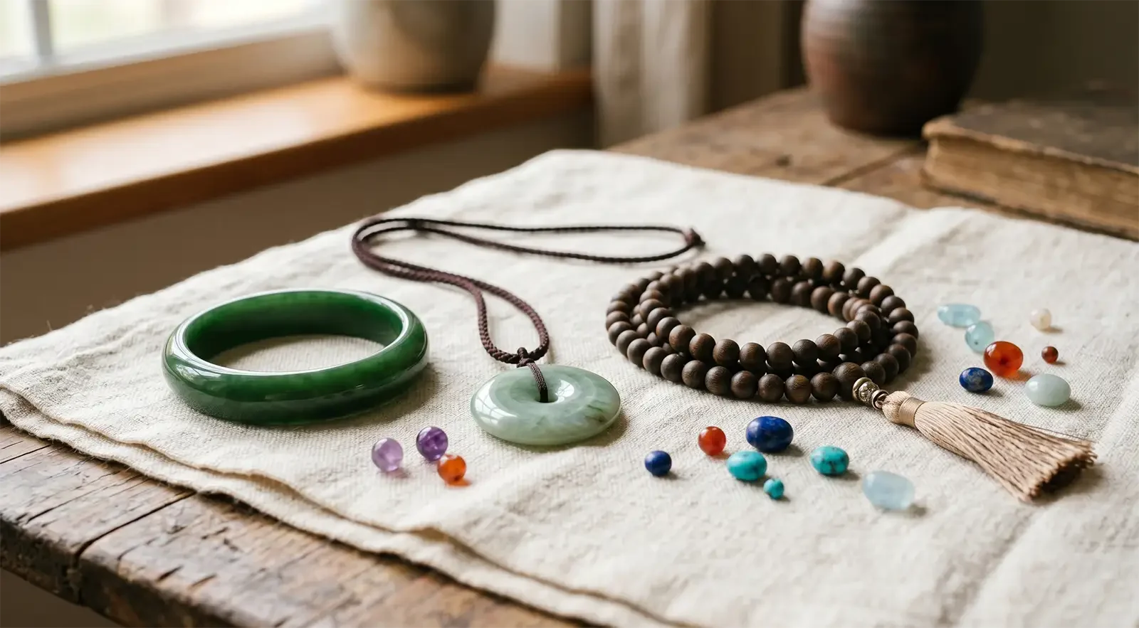 Jade pendant, green jade bangle, mala-style prayer bead strand, and gemstone beads arranged for meaningful jewelry history