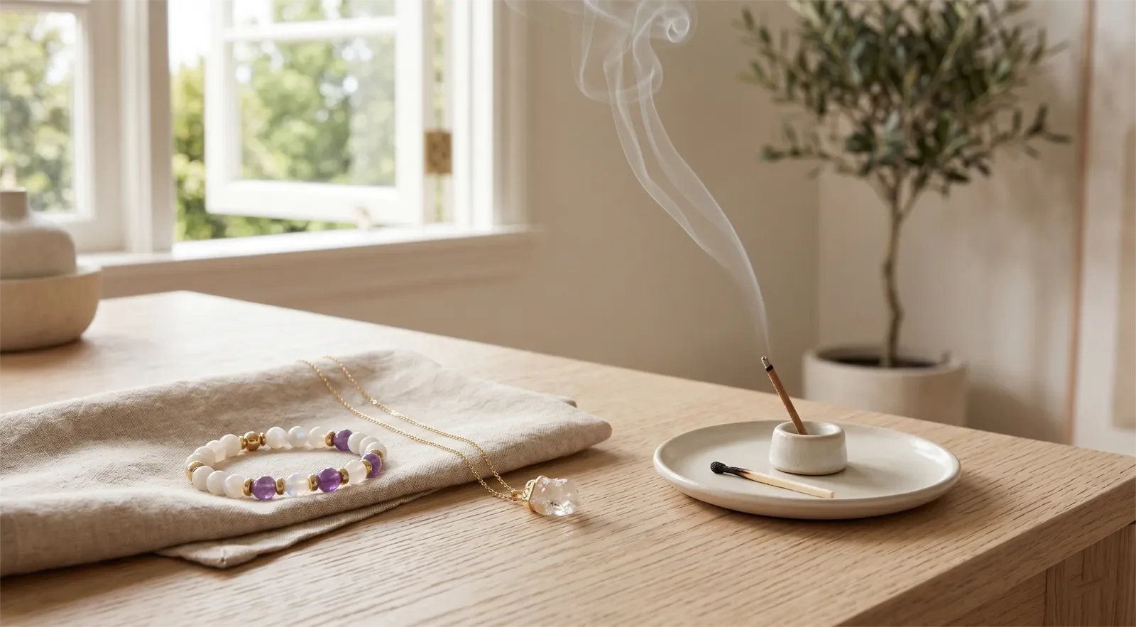 Healing bracelet and pendant necklace placed safely away from a small incense holder with a heat-safe dish and open window for ventilation