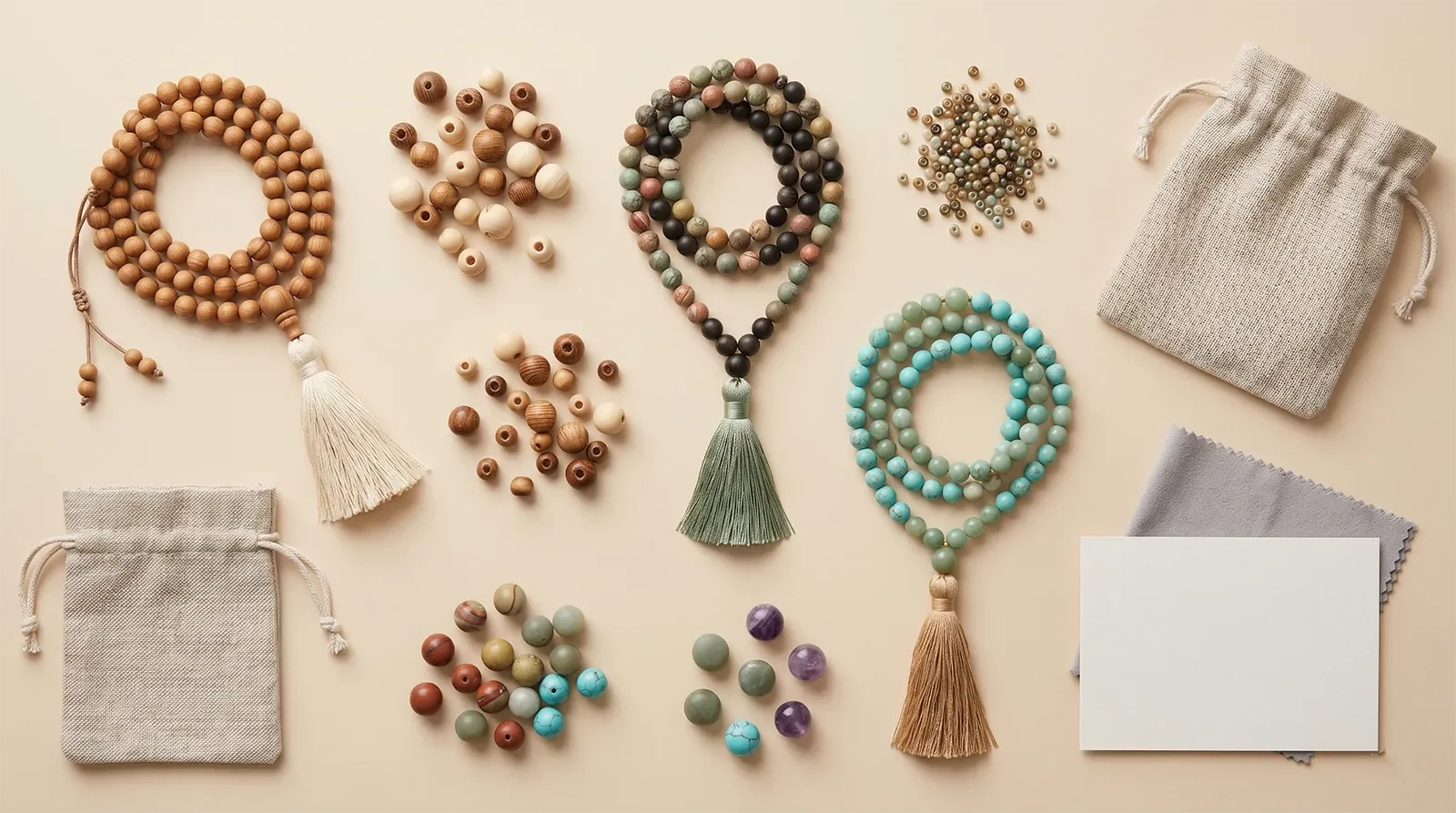 Các chuỗi mala, hạt gỗ, hạt đá, dây, nút thắt, tua chỉ, khăn mềm và túi đựng được đặt trên bàn màu be