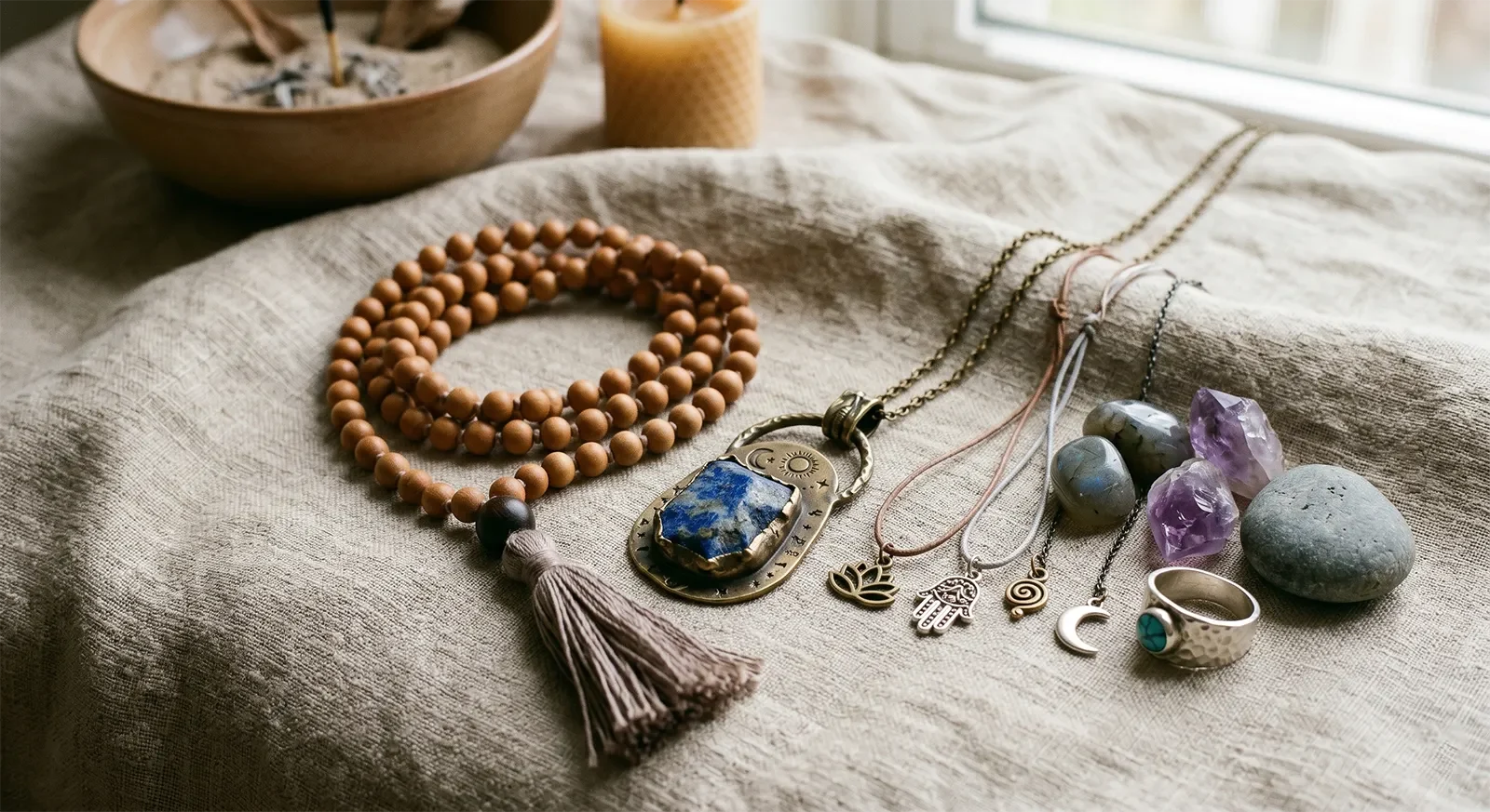 Mala beads, small symbolic charms, and talisman-style pendant arranged on soft linen fabric